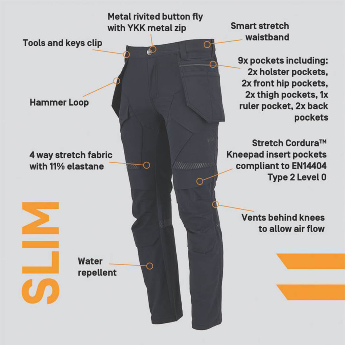 Site Work Trousers Mens Slim Fit Black Stretch Multi Pocket Breathable 30"W 32"L - Image 3