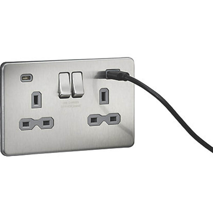 Switched Wall Socket Screwless 2 Gang USB A+C 20W Brushed Chrome Flat Profile - Image 5