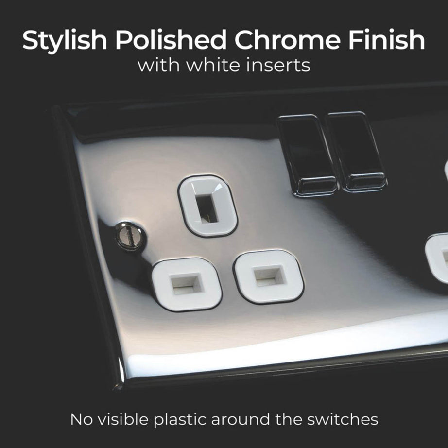 BG Wall Plug Sockets Chrome White Inserts 13A 2 Gang DP Switched Pack Of 5 - Image 4