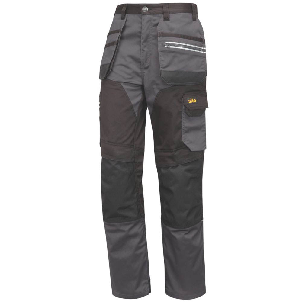 Site Work Trousers Mens Regular Fit Grey Black Stretch Multi Pockets 30"W 32"L - Image 1