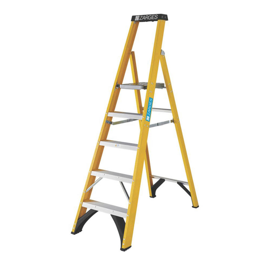 Zarges Platform Step Ladder 1.78m 5 Step Yellow Fibreglass Anti Slip Flat Treads - Image 1