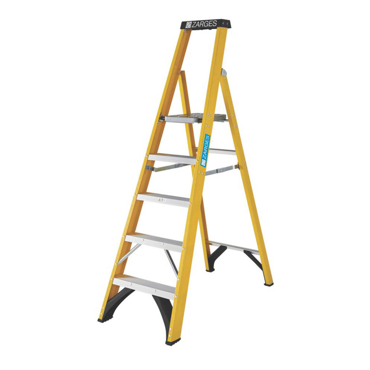 Zarges Platform Step Ladder 1.78m 5 Step Yellow Fibreglass Anti Slip Flat Treads - Image 1