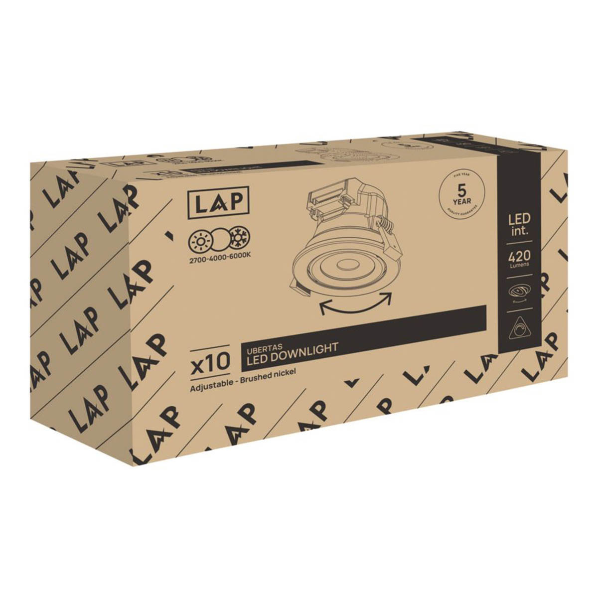 LAP LED Downlights Ubertas Tilt Brushed Nickel Variable White 420lm 10 Pack - Image 6