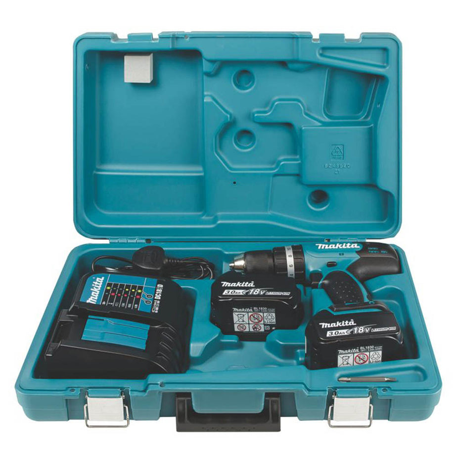 Makita Combi Drill Cordless 18V 2x3.0Ah Li-Ion DHP453F001 Soft Grip Compact - Image 1