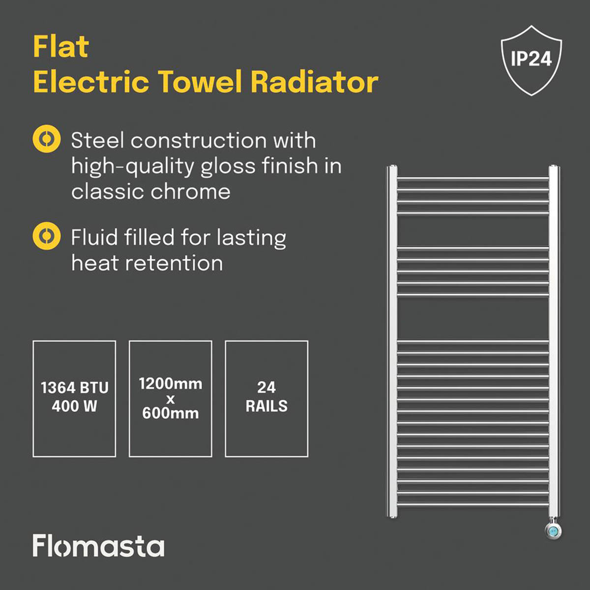 Flomasta 1200mm x 600mm 1364BTU Chrome Flat Electric Towel Radiator - Image 4