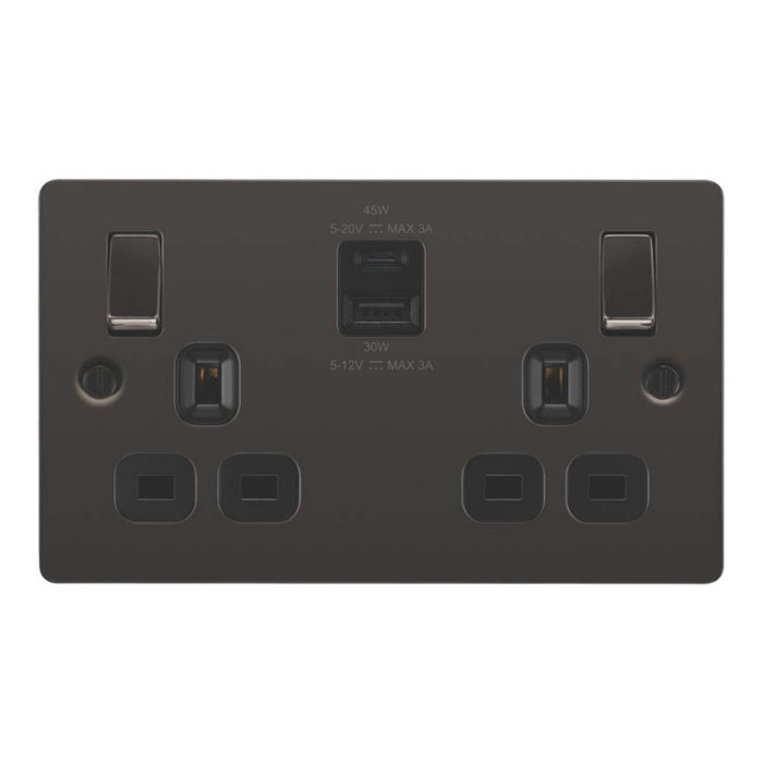 LAP Switched Socket 13A 2 Gang SP 3A 45W 2 Outlet A C USB Charger Black Nickel - Image 2