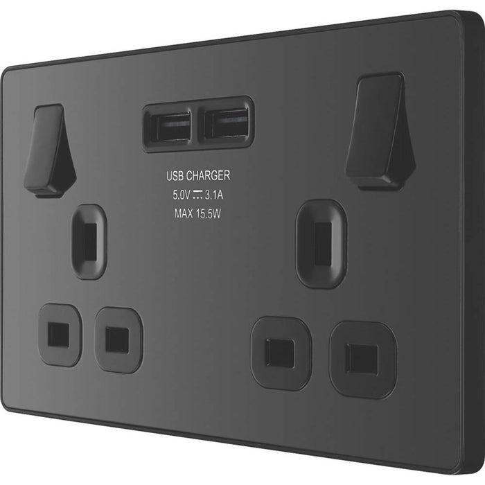 Plug Socket Switched 13A 2 Gang 2 USB Ports Single Pole Black Chrome Screwless - Image 1