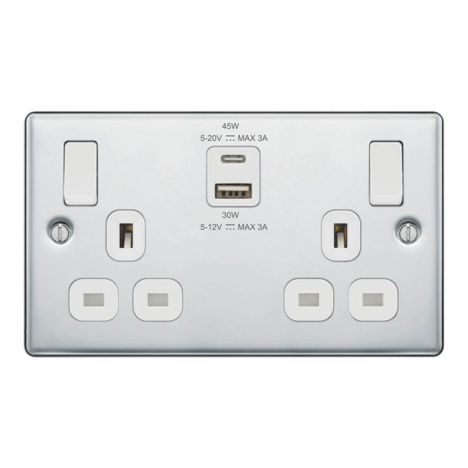 LAP  13A 2-Gang SP Switched Socket + 3A 45W 2-Outlet Type A & C USB Charger Polished Chrome with White Inserts - Image 1