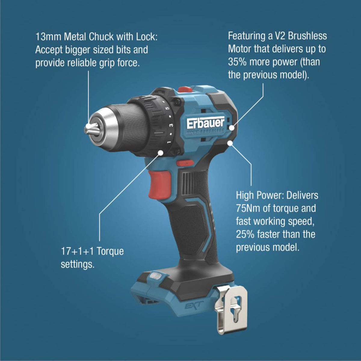 Erbauer Drill Driver Cordless 18V Li-Ion ERI1096DDH Soft Grip Compact Body Only - Image 3