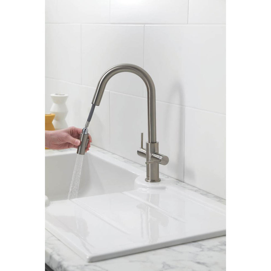 Kitchen Tap Mixer Brushed Nickel PVD Dual Lever Pull Out Spout Modern Faucet - Image 4