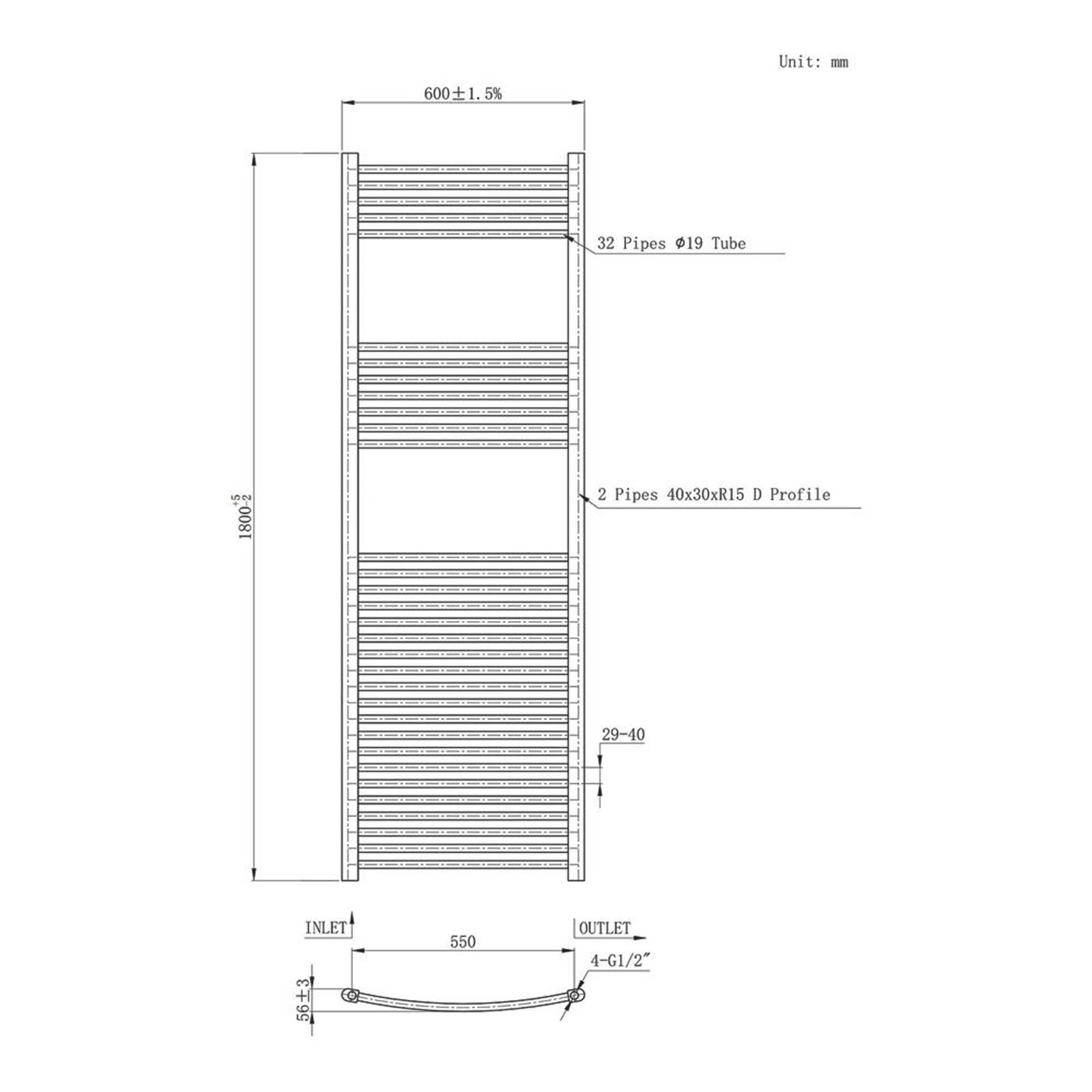 Flomasta 1800mm x 600mm 2890BTU Black Curved  Towel Radiator - Image 5