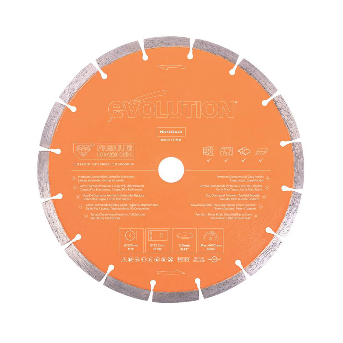 Evolution Diamond Cutting Blade PD230SEG-CS Masonry Premium 230mm x 22.2mm - Image 1