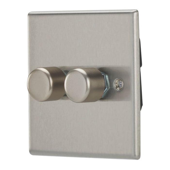 Contactum Dimmer Switch 2 Gang 2 Way Brushed Steel Raised Slim Contemporary - Image 1