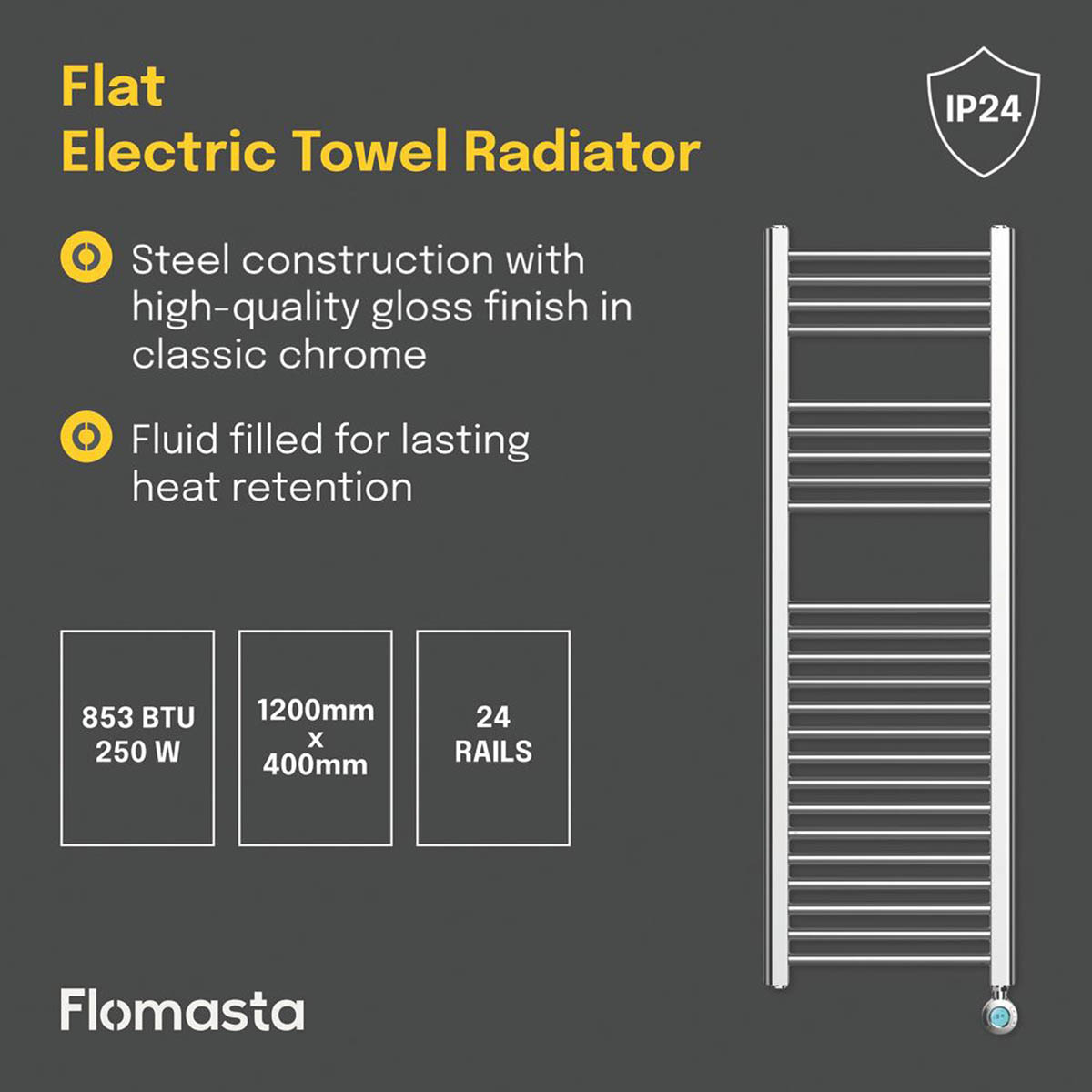 Flomasta Electric Towel Rail Radiator Chrome Flat Bathroom Warmer (H)120x(W)40cm - Image 4