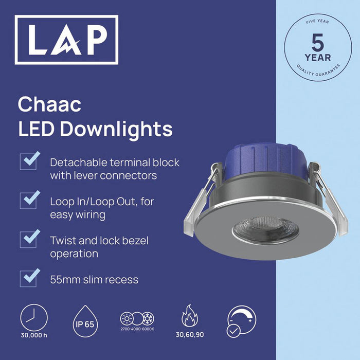 LAP Chaac Fixed  Fire Rated LED Downlights Polished Chrome 5.5W 600lm 10 Pack - Image 2