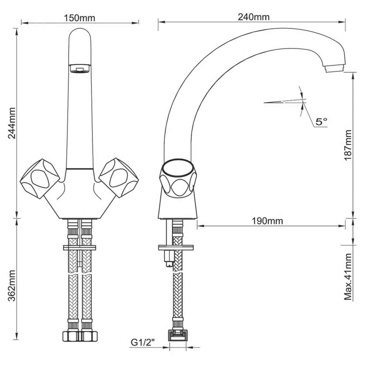 Kitchen Tap Mono Mixer Chrome Double Lever Swivel Spout Traditional Faucet - Image 5