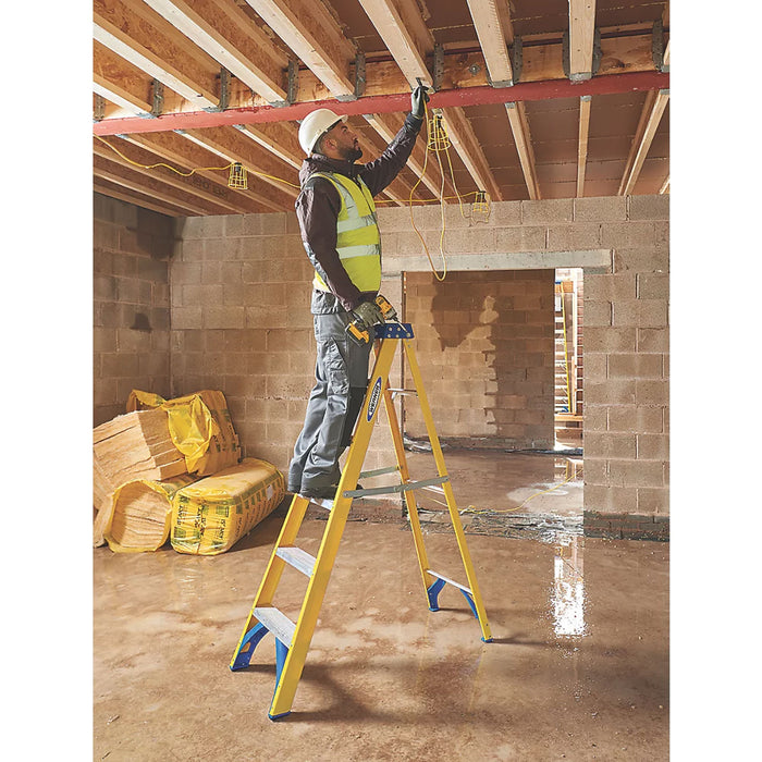 Step Ladder Folding Swing Back Fibreglass Anti-Slip Feet Flat 8 Treads 2.2m - Image 4
